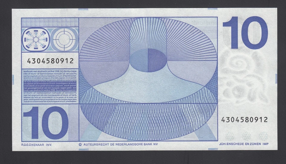 Нидерланды 10 гульденов 1968 не бывшие в обращении P. 91, банкноты, не бывшие в обращении - Изображение 2 из 2