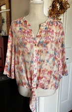 Nanette Lepore Blouse Sz XL Pastel Watercolor Tie Front V Neck Semi Sheer
