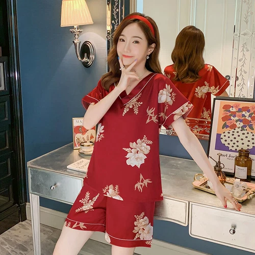Damen Seide Satin Pyjama Set Kurzarm Nachtwäsche V-Ausschnitt Homewear 2-teilig Pyjama - Bild 55 von 60