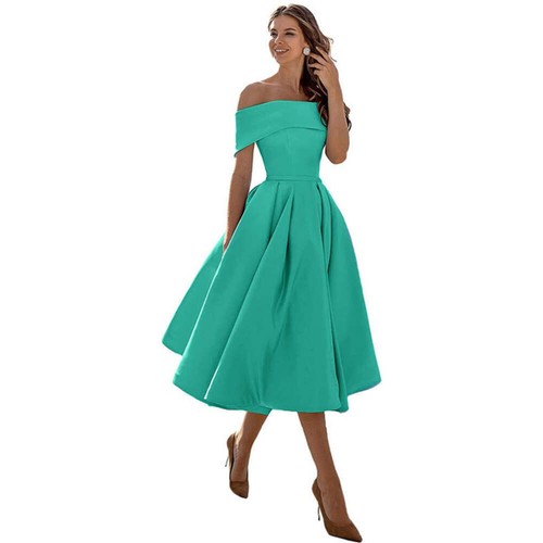 Women's Fashion Casual Strapless Satin Party Dress Off The Shoulder Tea Length S - Picture 47 of 106
