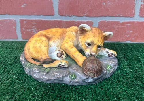Vintage Homco Masterpiece Porcelain Mountain Lion Cub & Tortoise turtle 1985
