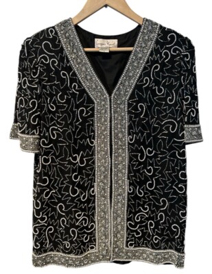 VTG Laurence Kazer Fully Beaded 100% Silk Pattern Black Evening jacket Medium