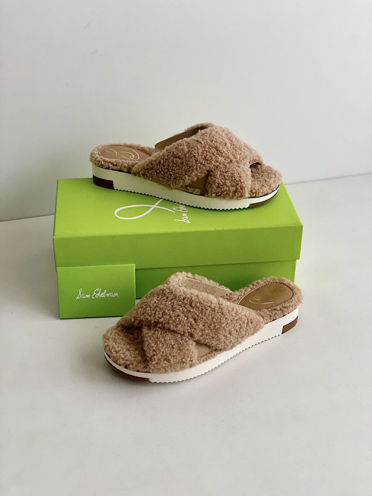 ✨New SAM EDELMAN Alice Faux Fur Slide Sandals Camel Womens Size 7.5M $120 NIB