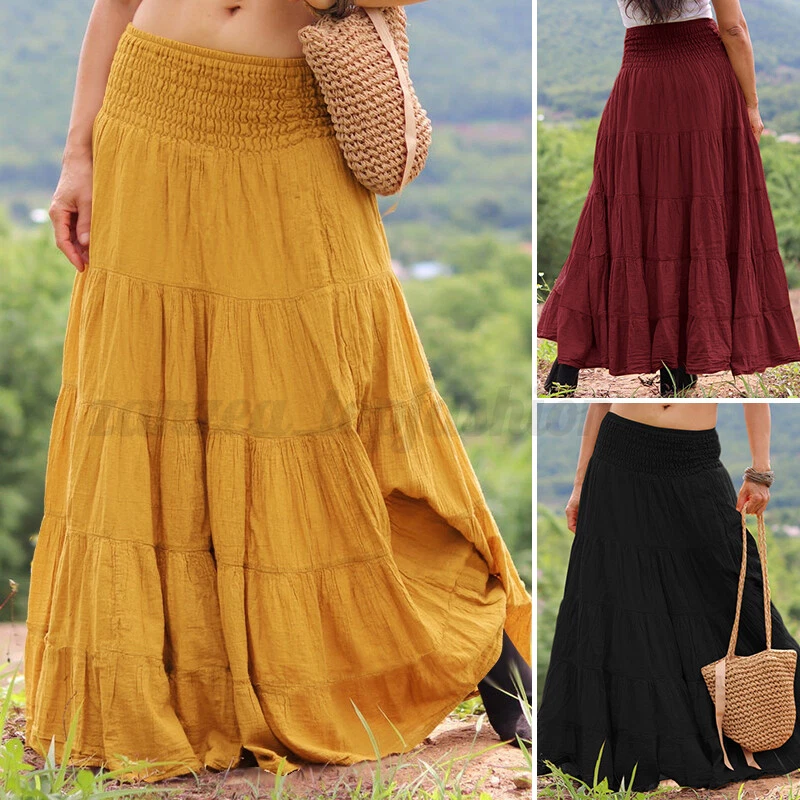 Women Elastic Waist Long Maxi Skirt Smocked Tiered Solid Loose Swing Dress Plus