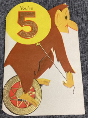 Vintage Greeting Card Ape Monkey Unicycle  Balloon Birthday 5 Norcross