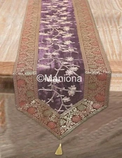 Satin Embroidered Aari Zari Table Runner Indian Purple Silk Brocade Table Runner