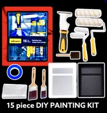 DIY 15pc Painting Tool Kit Set : Rollers,Brushes,Tray,Tape,liner,scraper,sheet