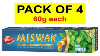 4 x 60g Dabur Miswak Kräuterzahnpasta mit Minze & Arak Extrakt für gesundes Zahnfleisch