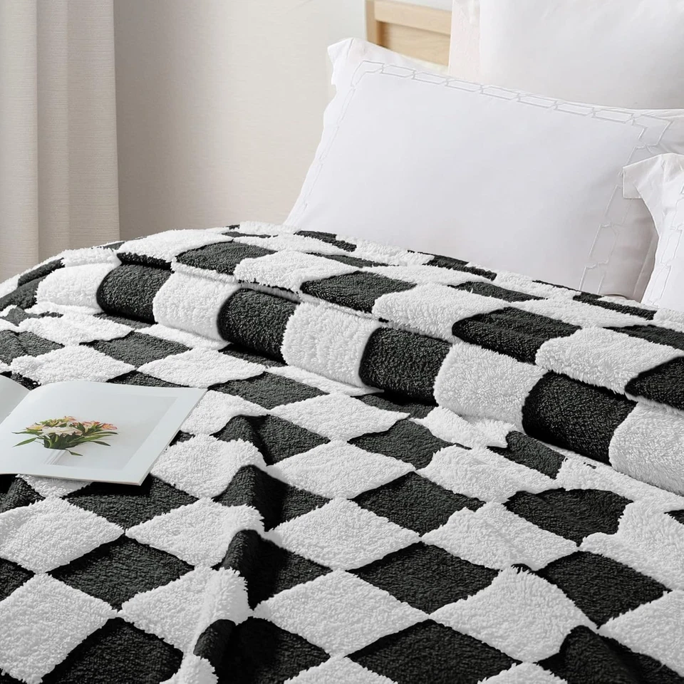 Manta polar tamaño king acogedora ligera para todas las estaciones a cuadros azul pizarra 90x104 Foto 3 de 4