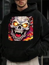 Fiery Skull Graphic Hoodie - Black Streetwear Pullover Sweatshirt with Red & Yel
