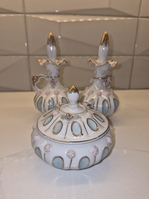 1950s Porcelain Vanity Set 3pc. 6 Tall Perfume Bottles 4 W Powder Puff Vintage