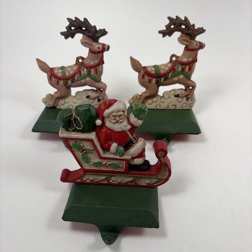 Midwest of Cannon Falls Santa & 2 Reindeer Cast Iron Stocking Hangers -Vintage