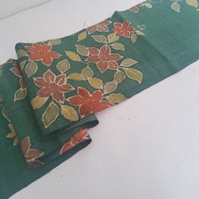 Green Omeshi C 7x58 Hand Painted Vintage Tsumugi Silk Kimono Fabric TJ15
