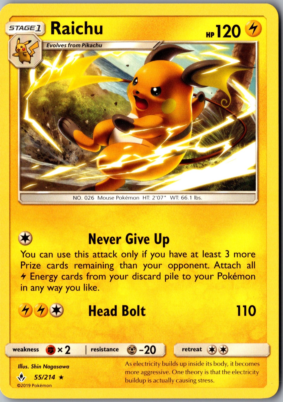 Raichu 55/214 Rare SM - Unbroken Bonds LP Pokemon Card