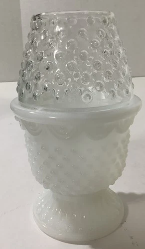 Vintage Avon Hobnail Milk & Clear Glass Fairy Lamp- Candleholder-1970's