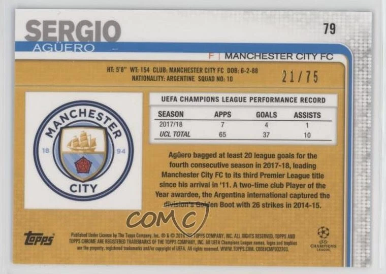 2018-19 Topps Chrome UCL Blue Wave Refractor /75 Sergio Aguero #79 - Image 2 of 2