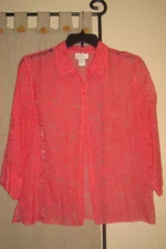 XL Large shirt top sheer button front collared floral melon Studio Works