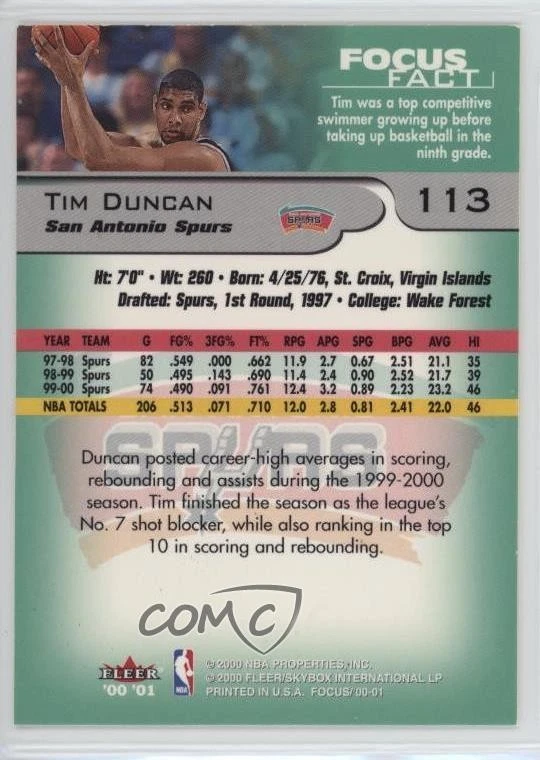 2000-01 Fleer Focus Tim Duncan #113 HOF - Image 2 of 2