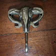 Solid Brass Aries Ram Head Decorative J Hook Wall Mounted 4.5" X 4" Robe Coat 