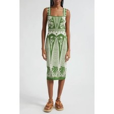 Farm Rio Green White Tropical Parrot Knit Bodycon Midi Dress Square Neck | XL