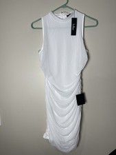 Lulus Modern Movement White Mesh Ruched Mock Neck Mini Bodycon Dress Size M