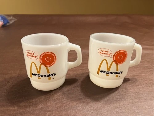 2 Vintage McDonalds Anchor Hocking Fire King Milk Glass Good Morning Coffee Mugs