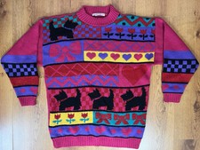Vintage Sweater Scottie Terrier Dog Rose Pullover 80 s Pink Heart Flowers M