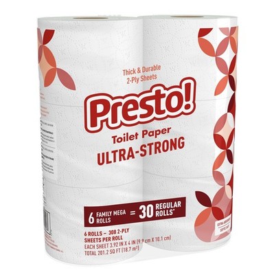 Presto! Ultra-Strong 2-Ply Toilet Paper, 6 Mega Rolls = 30 Regular Rolls, 308