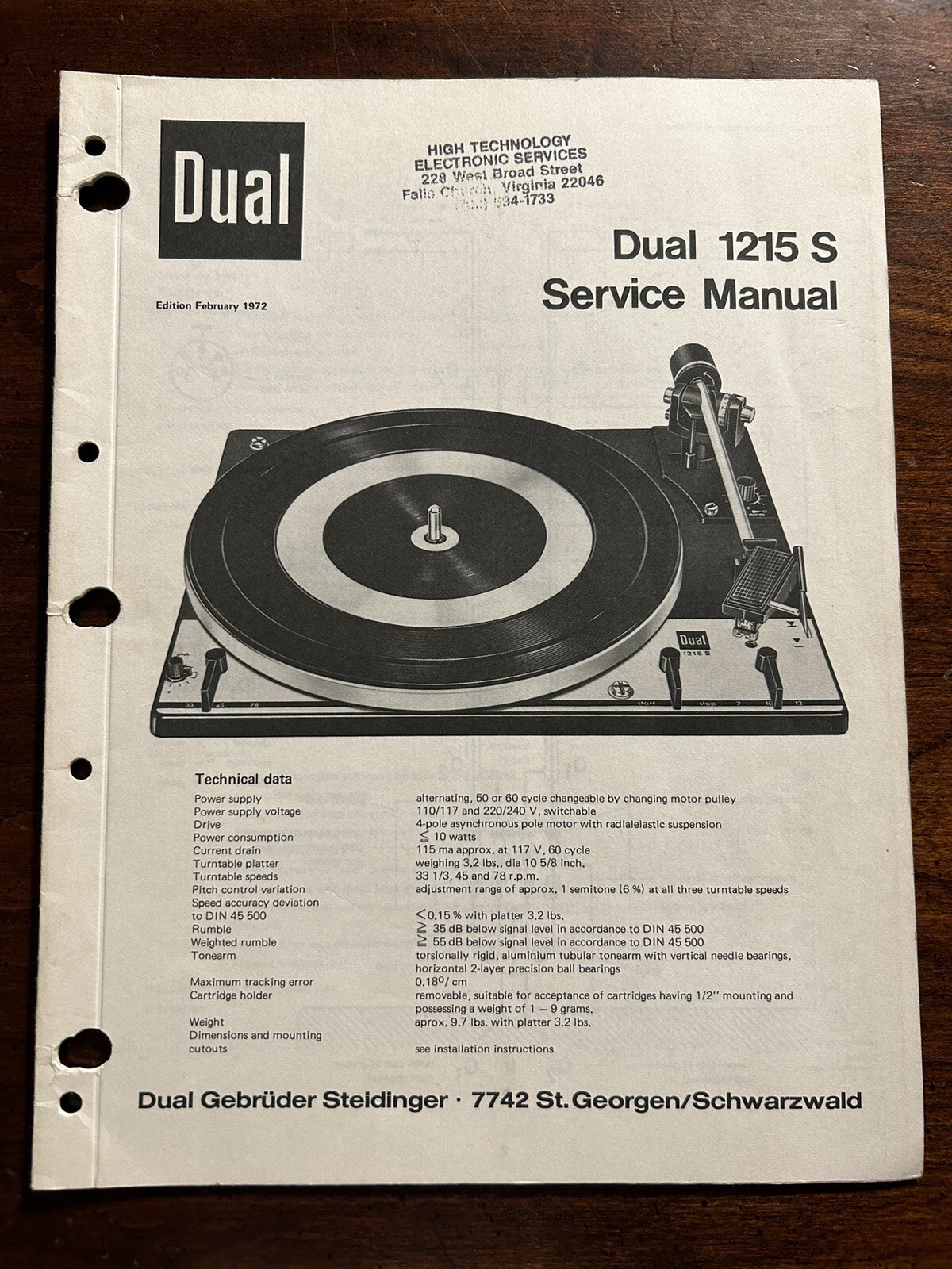 Dual 1215S Turntable Record Player Service Manual Original OEM Genuine