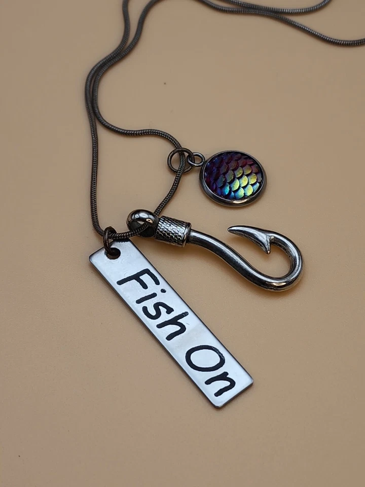 'FISH ON' 10K White Gold Plate Fish Hook & Iridescent Scales Charm Necklace - Image 2 of 4