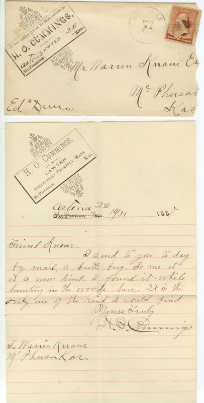 1887 Astoria Illinois H O Cummins, Lawyer - formerly McPherson Kansas - w/letter