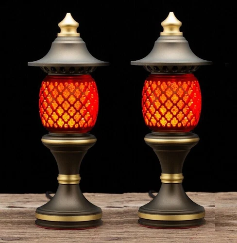 Paar Messing LED Rot Lampe Elektrisch Leuchte Buddha Glanz Tisch Altar Zen Deko - Bild 5 von 5