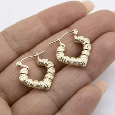 3/4" Small Heart Bamboo Hoop Earrings Real 10K Yellow Gold