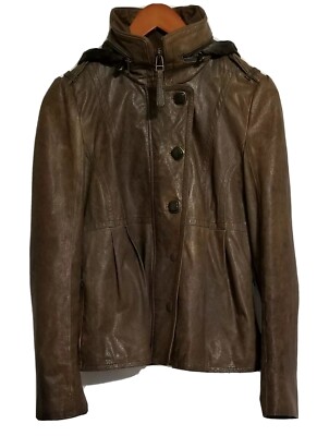 MACKAGE Womens Small Lamb Leather Jacket Distressed Hooded Full Zip Button Brown