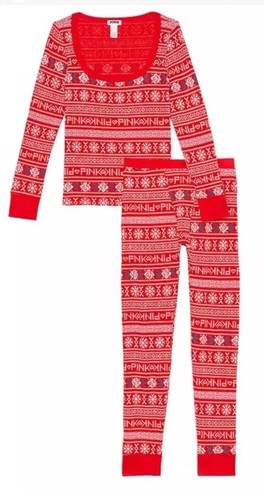 Victoria’s Secret PINK Logo Red Thermal Pajama Set M Fair Isle 2pc Top Bottoms - Picture 3 of 10