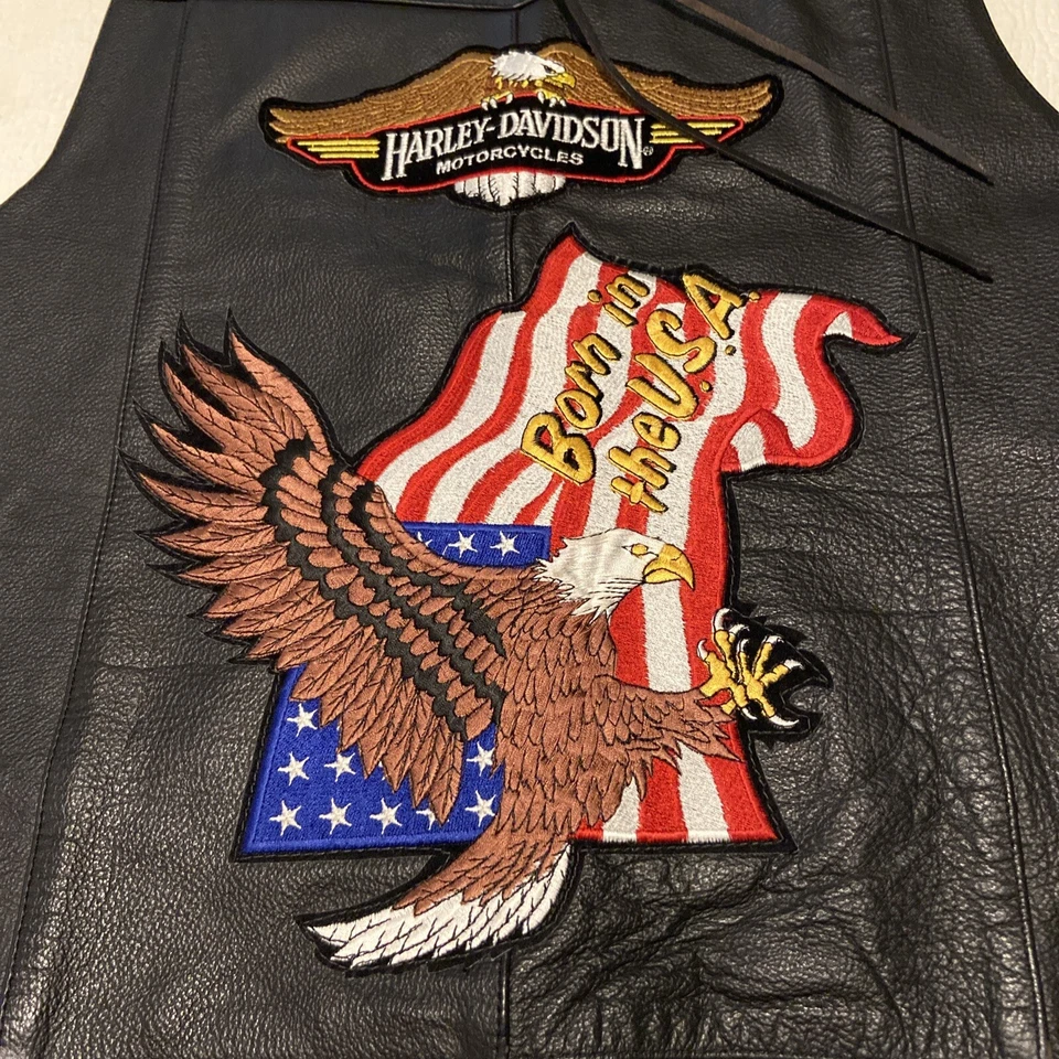 FMC Men’s Black Leather Vest Harley Davidson Born In The USA/Cicles 44 Lace Up — 第 2/4 张图片