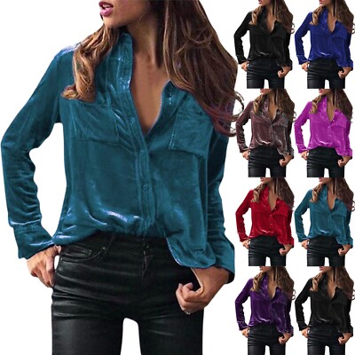 Women Retro Velvet Long Sleeve Button Down Shirt Solid Color Blouse Tops
