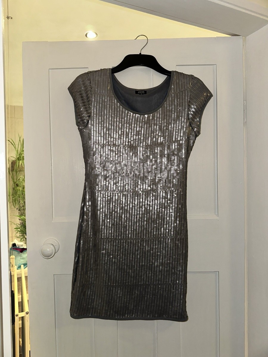ASOS Grey Silver Sequin Mini T-Shirt Dress Size 10 UK