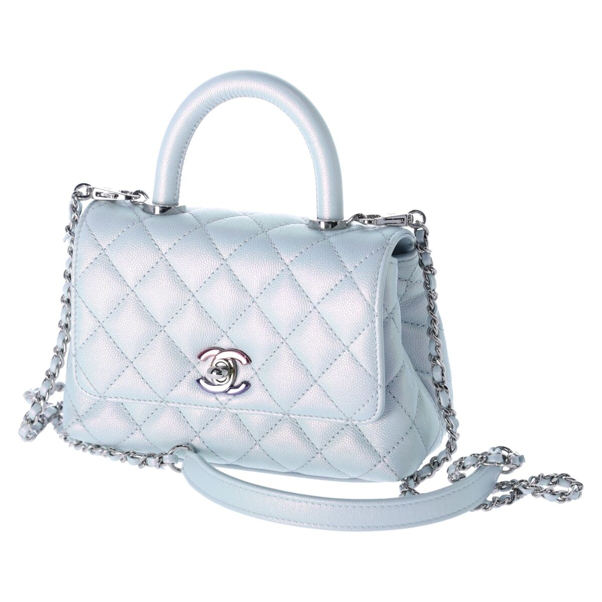 Chanel Coco Handle Bag Quilted Caviar Extra Mini Iridescent Blue Rainbow HW