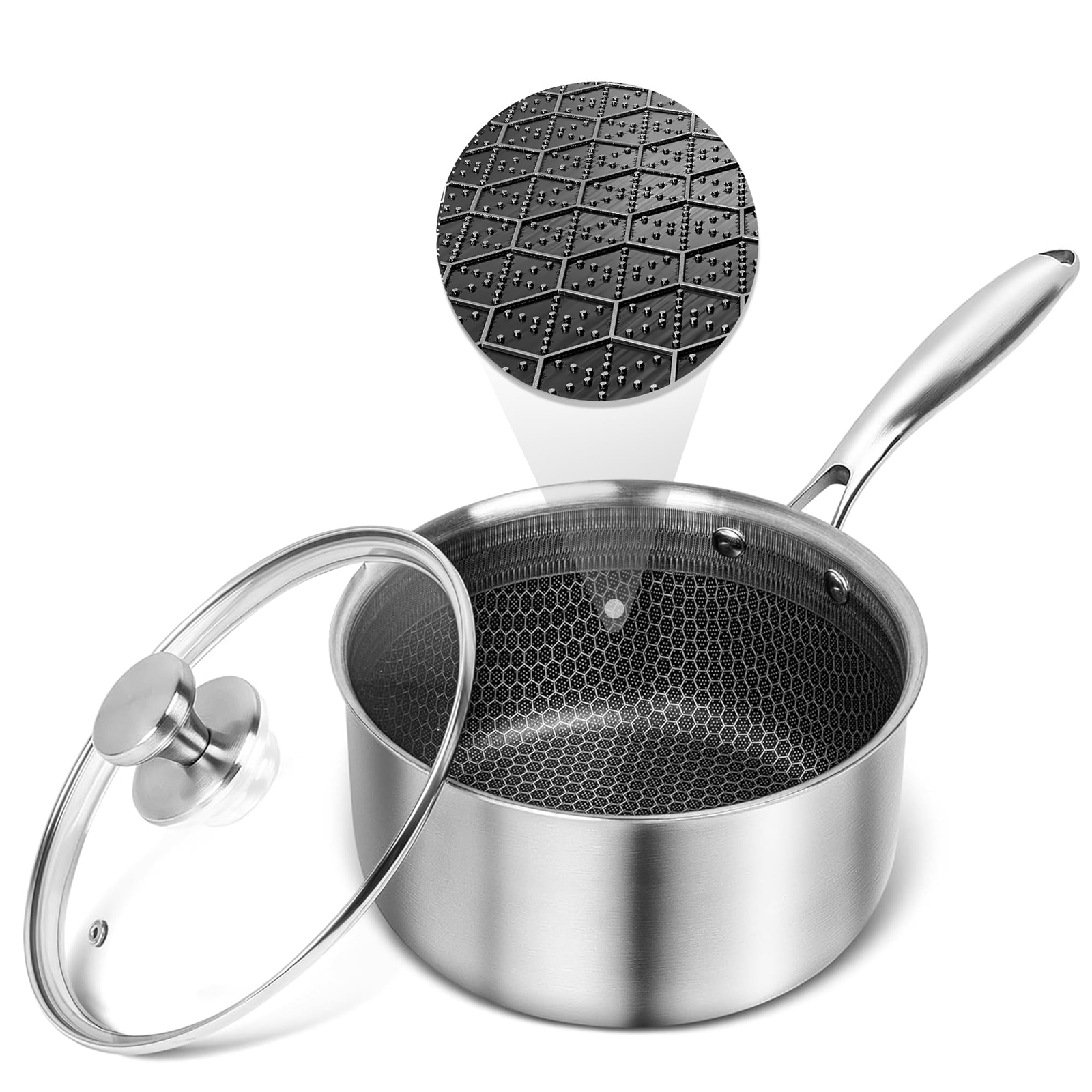 ™ Hybrid Nonstick 2 Quart Stainless Steel Saucepan with Glass Lid, Induction ...
