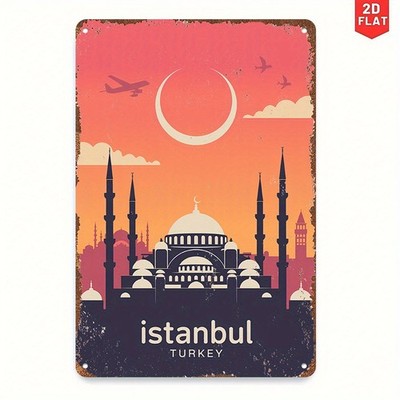 Vintage Istanbul Turkey Blue Mosque Metal Sign Sunset Sky Rustic Cafe Wall Decor