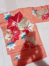 Nagoya Obi Embroidered Autumn Leaves Orange Antique Silver Thread Vintage