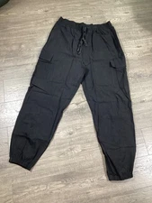 Mens XXL Black Linen-Polyester Cargo Pants With Drawstring Waist Relaxed Fit New