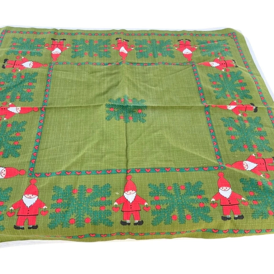 De colección. Mantel Escandinavo Navidad Tomte Firmado René 34" Verde Rojo Lino Años 70 Foto 3 de 4