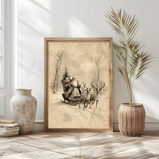 Christmas Wall Art, Vintage Santa with Reindeer Sleigh - Rustic Christmas Poster