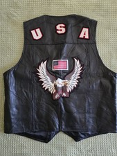 Vintage 80s Leather Biker Vest USA American Bald Eagle Mens XL Button Up Pockets