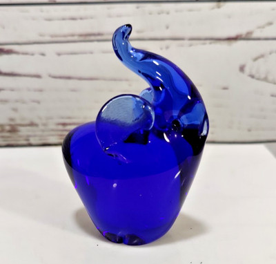 Vintage Art Glass Cobalt Blue Elephant Trunk Up Good Luck Figurine Paperweight