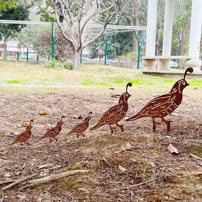 5PCS Rusty Quail Family Decorative Garden Stakes, Metal Birds Yard Decor, Bird L