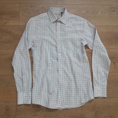 Thomas PINK Men’s Super Slim Fit 15 Long Sleeve Linen Blend Blue Plaid Shirt