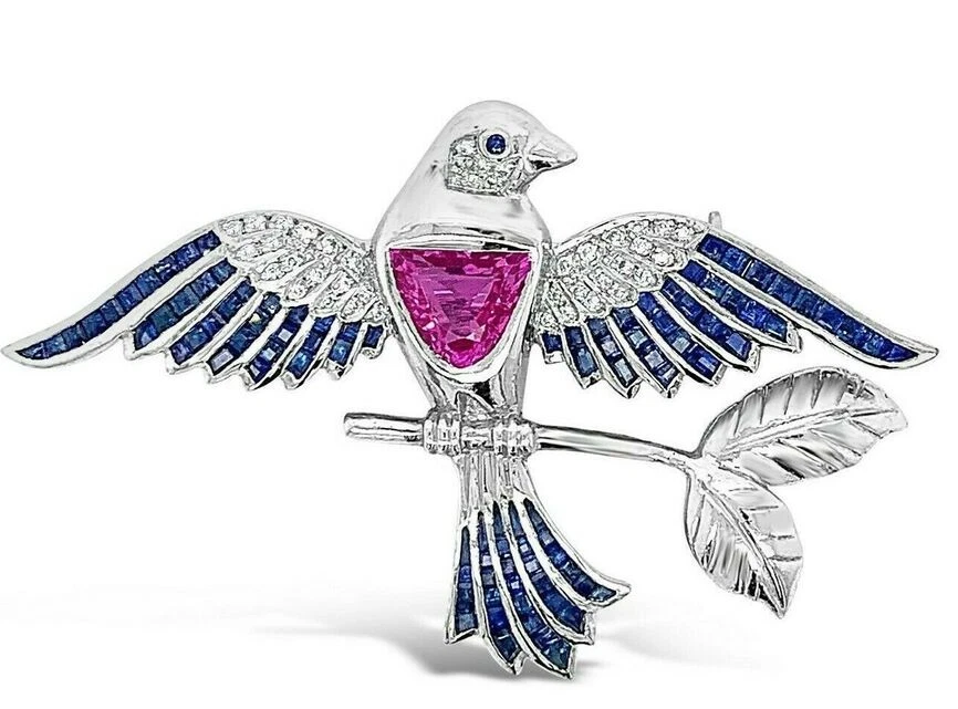 LeVian 18K White Gold Classy Bird Pin with Pink Blue Sapphire and Round Diamond